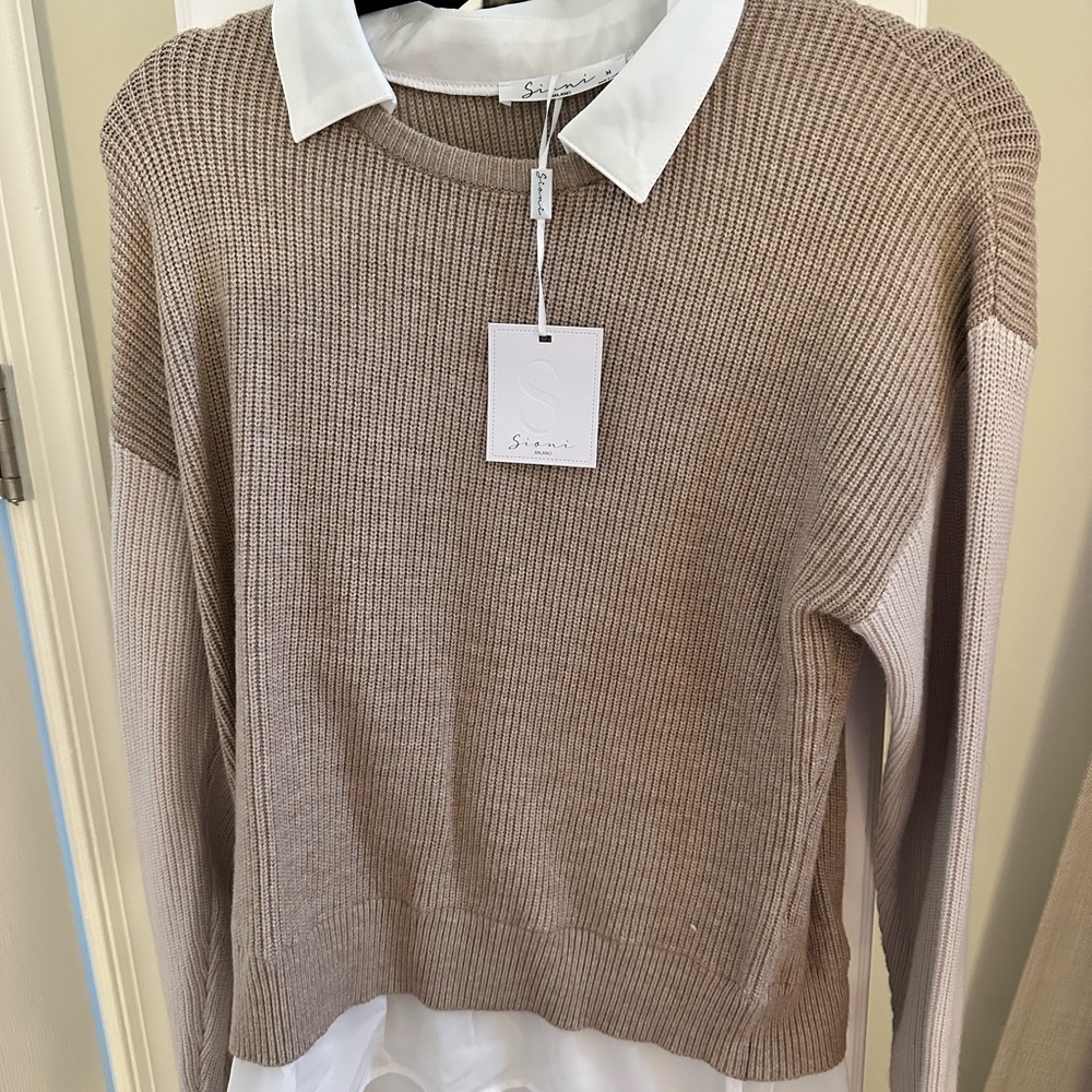 Sioni Tan Sweater with White Collar